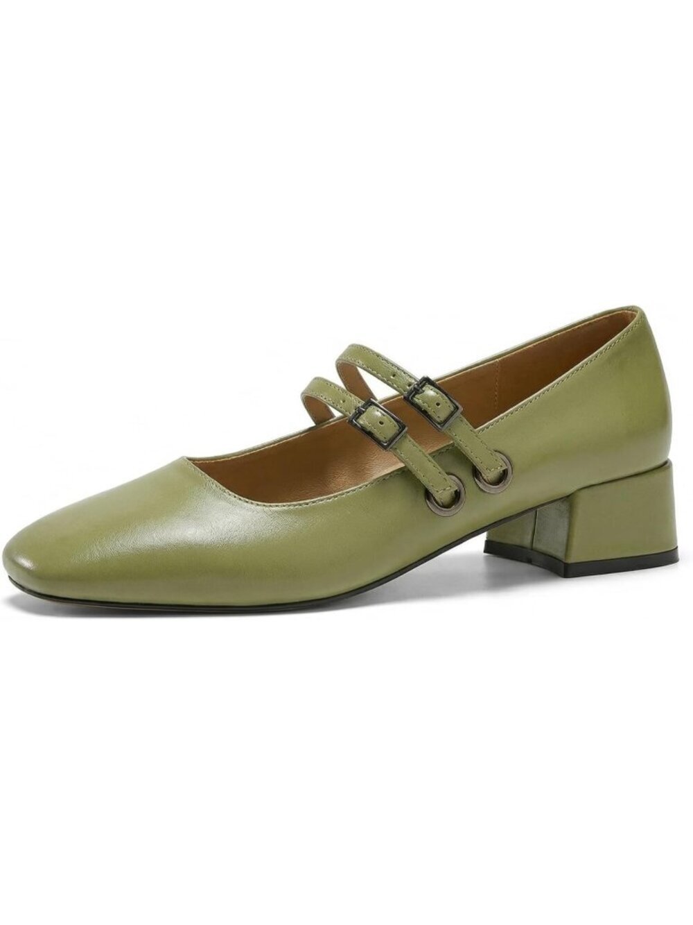 〽️Women's Green Mary Jane Low Heels Closed Square Toe Double Strap Shoes